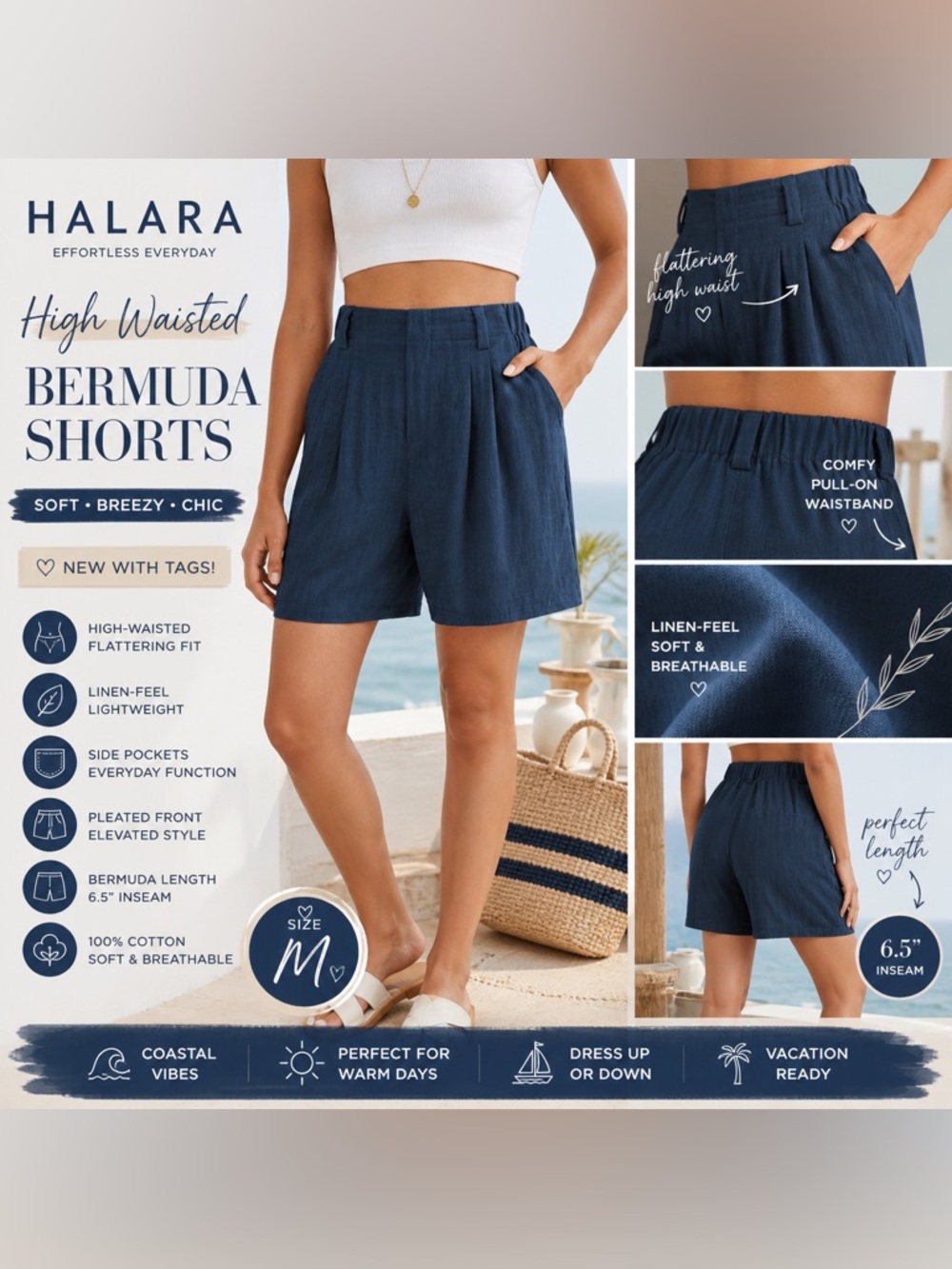 Halara High Waisted Linen Feel Bermuda Shorts Navy Blue Pleated Pockets Sz M NWT
